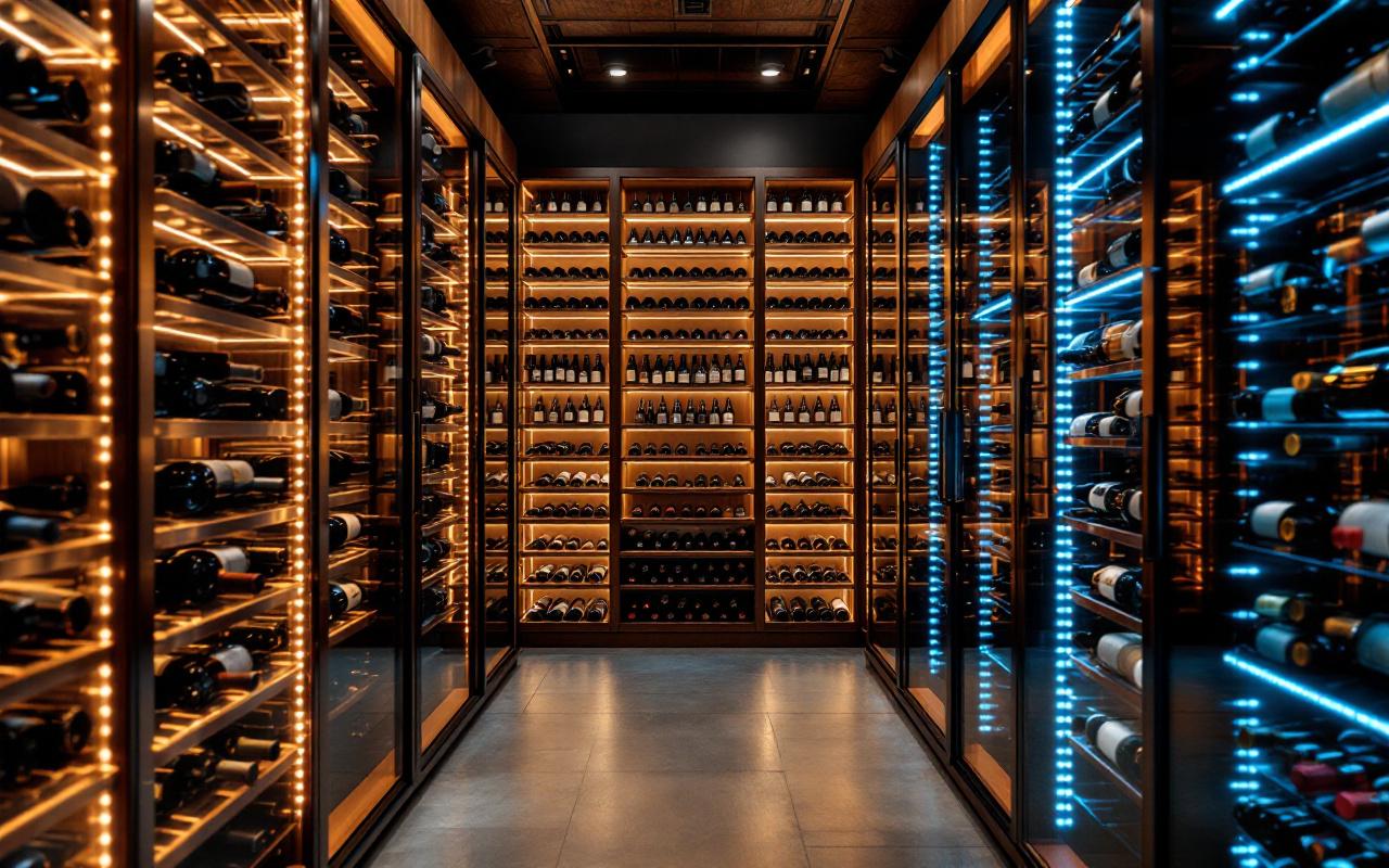 Photo réaliste d'une cave à vin moderne avec casiers à température contrôlée, étagères en bois foncé et métal, accents LED bleus, éclairage ambre chaud créant une ambiance sombre et naturelle, lumière volumétrique douce et mise au point précise.
