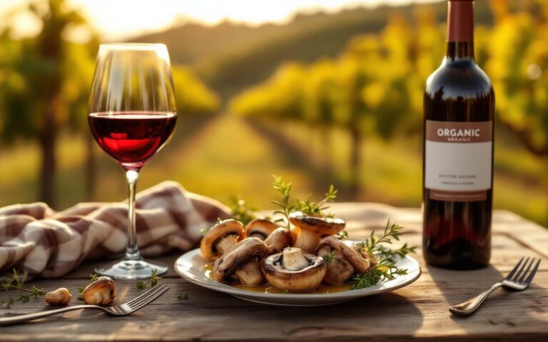 Photo réaliste d'un verre de vin bio rouge posé à côté d'une assiette de pleurotes grillées sur une table en bois rustique, garnies de thym et d'un filet d'huile d'olive, bouteille étiquetée 'bio' en arrière-plan, lumière dorée de coucher de soleil, vignoble flou.