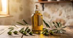 Bouteille d huile d olive extra vierge dorée avec des olives fraîches sur une table en bois