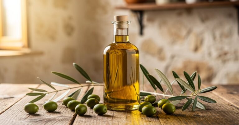 Bouteille d huile d olive extra vierge dorée avec des olives fraîches sur une table en bois