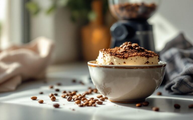 Bol de café en grains, moulin à café et tiramisu maison sur un plan de travail lumineux de cuisine, ambiance chaleureuse et naturelle.