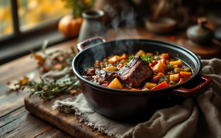 Civet de sanglier mijotant dans une cocotte en fonte, avec un bouillon chaud et des légumes d’automne, ambiance de cuisine chaleureuse éclairée par une lumière dorée.