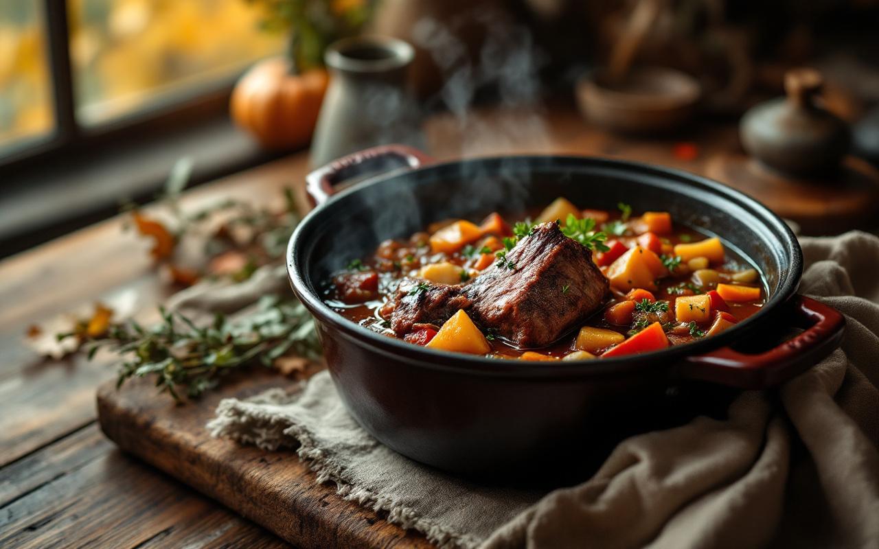 Civet de sanglier mijotant dans une cocotte en fonte, avec un bouillon chaud et des légumes d’automne, ambiance de cuisine chaleureuse éclairée par une lumière dorée.