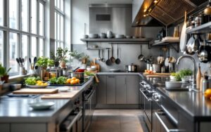 Cuisine contemporaine bien organisée avec zones de préparation, cuisson et lavage clairement visibles, et un plan de travail dégagé.