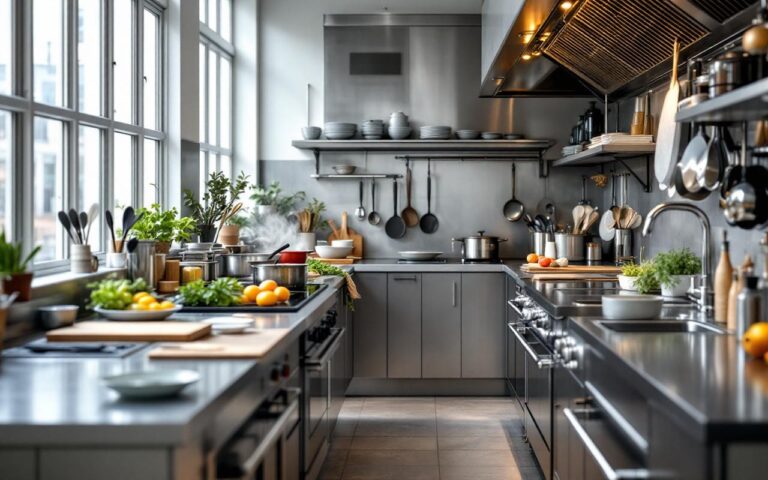 Cuisine contemporaine bien organisée avec zones de préparation, cuisson et lavage clairement visibles, et un plan de travail dégagé.