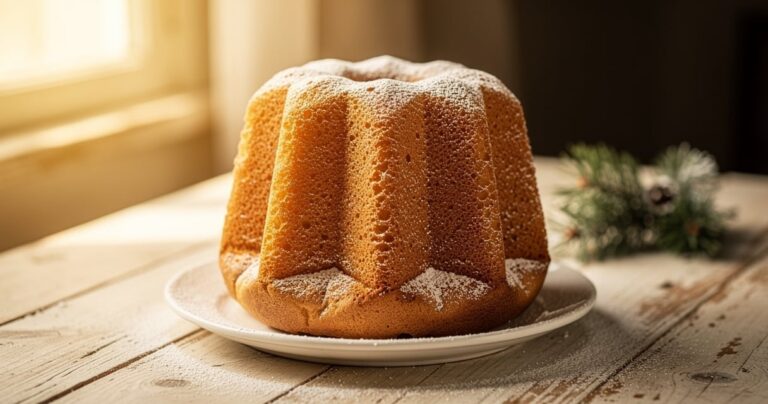 Pandoro doré en forme d etoile saupoudré de sucre glace sur une table en bois