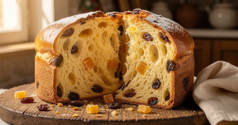 Panettone milanais tranche montrant la mie filante avec raisins et écorces confites
