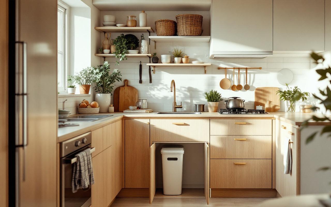 Petite cuisine urbaine avec une poubelle intégrée sous l’évier, un espace de circulation fluide et des rangements fonctionnels.