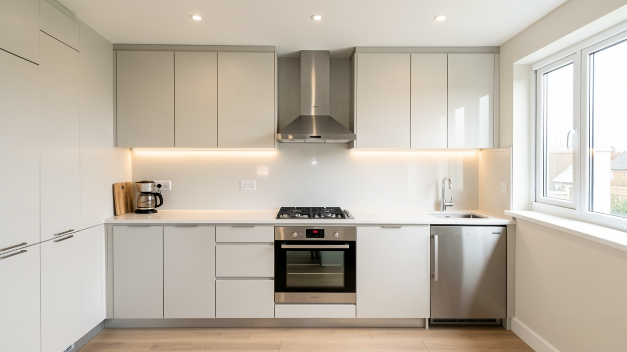 Cuisine moderne lumineuse avec rangements intégrés, plan de travail épuré, hotte encastrée et électroménager aligné.