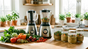 Cuisine lumineuse et chaleureuse avec légumes frais, légumineuses, robot cuiseur, blender et bocaux de préparation végétale sur un plan de travail en bois.