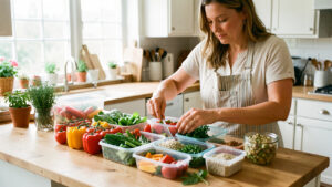 Une cuisinière prépare plusieurs plats végétariens avec des légumes frais et des boîtes de conservation dans une cuisine familiale lumineuse.