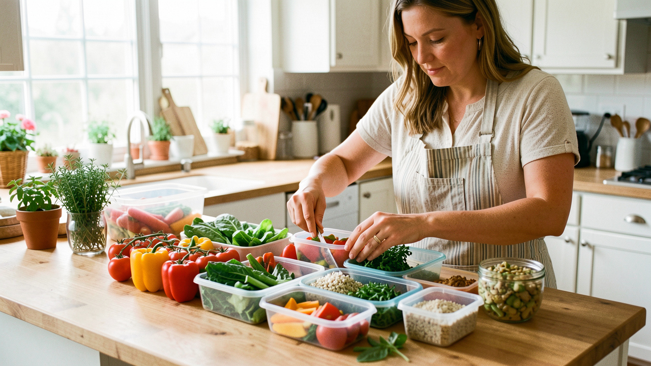 Une cuisinière prépare plusieurs plats végétariens avec des légumes frais et des boîtes de conservation dans une cuisine familiale lumineuse.