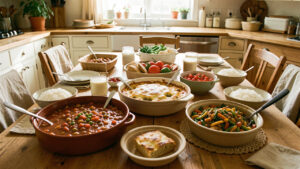 Grande table familiale avec un chili végétal, un gratin de légumes et plusieurs bols de riz dans une cuisine chaleureuse éclairée naturellement.