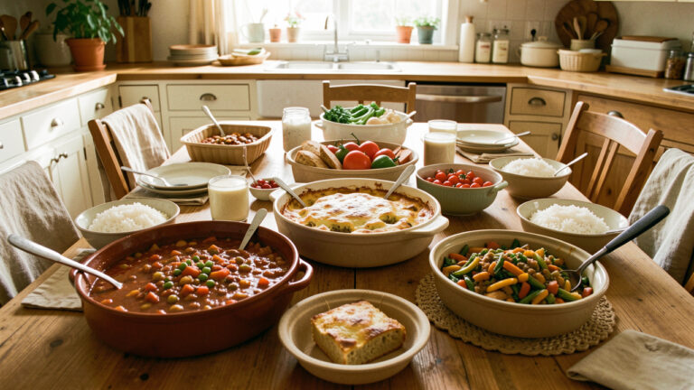 Grande table familiale avec un chili végétal, un gratin de légumes et plusieurs bols de riz dans une cuisine chaleureuse éclairée naturellement.
