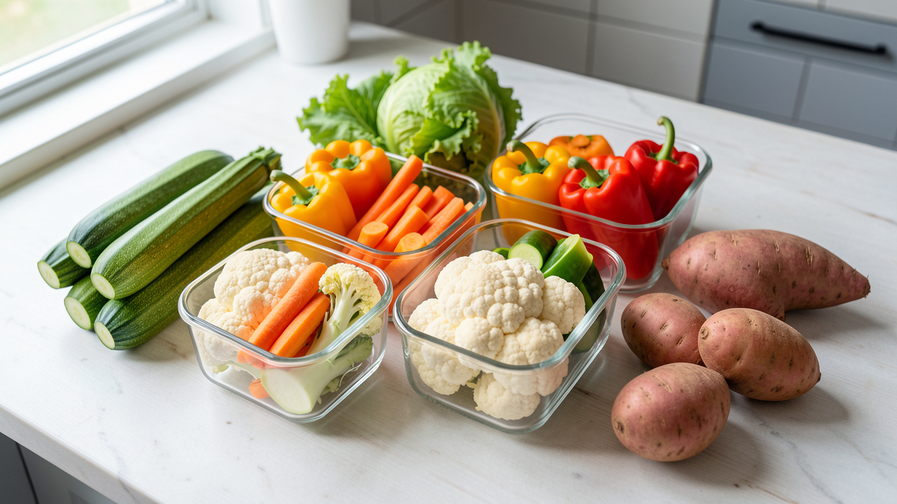 Courgettes, carottes, chou-fleur, poivrons et patates douces fraîchement découpés, disposés dans des contenants en verre sur un plan de travail lumineux.