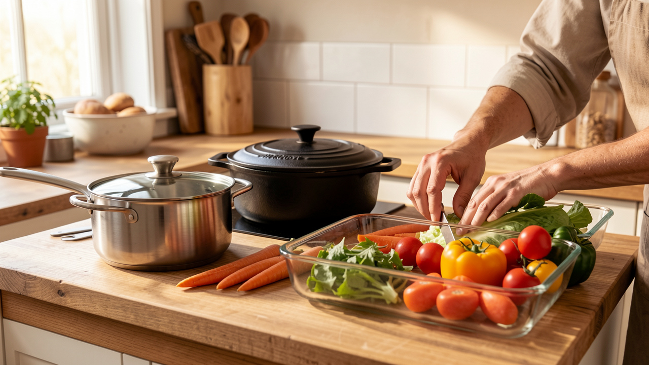 Plan de travail lumineux présentant une casserole en inox, une cocotte en fonte, un plat en verre et des légumes frais prêts à cuisiner.