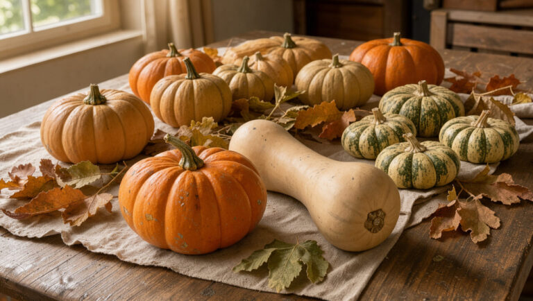 Table de cuisine automnale avec un potimarron orange, une courge butternut beige et des patidous rayés, éclairés par une lumière naturelle chaleureuse.